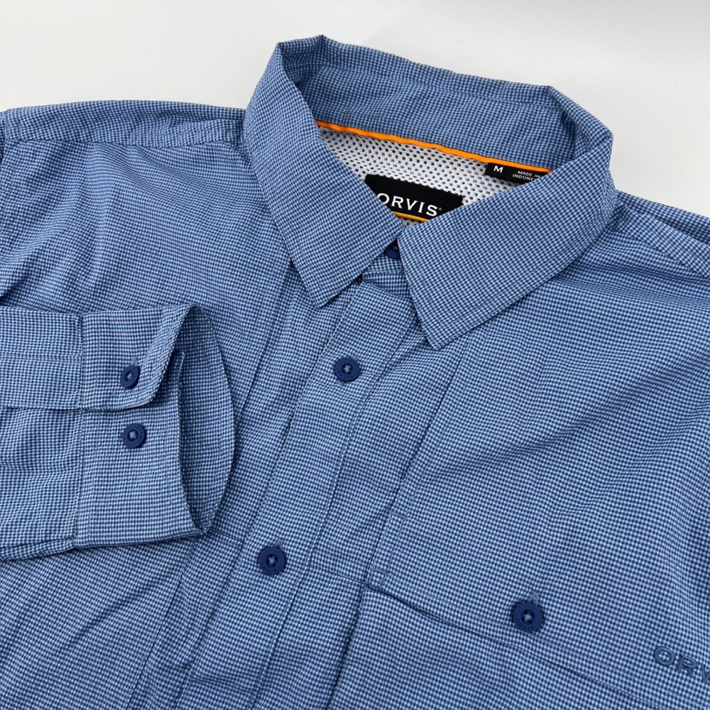 Orvis Active Fit Fishing Shirt Mens Medium Blue Checkered 3/4 Sleeve
